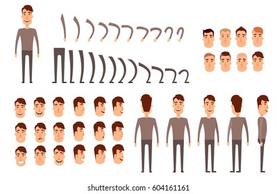 Man character creation set. Icons with different types of faces, emotions, clothes. Front, side, back view of male person. Moving arms, legs. Chair. Board. Flat and cartoon style. Vector illustration.