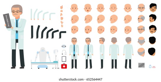 Man character creation set. The pediatrician, physician, medic, doctor. Icons with different types of faces, emotions, front, rear side. Cartoon flat-style infographic illustration