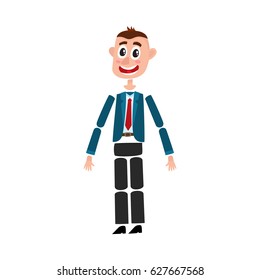 Man character creation set with separate head, body, arm, leg details, cartoon vector illustration on white background. Funny man, businessman in business suit creation set with moving arms and legs