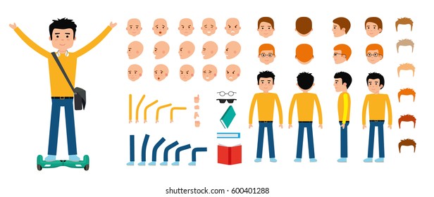 Man Character Creation Set. Young Guy, Student, Teenager. Icons With Different Types Of Faces And Hair Style, Emotions, Front, Rear Side View Of Male Person. Moving Arms, Legs Vector Flat Illustration