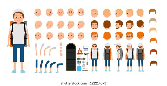 Man character creation set. Young tourist. Traveller. Icons with different types of faces and hair style, emotions, front, rear side view with tourist facilities. Vector flat illustration