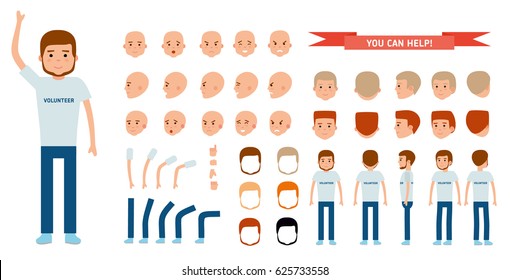 Man character creation set. A young volunteers. Icons with different types of faces and hair style, emotions, front, rear side view. Vector flat illustration