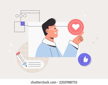 Man character creative writing, web development and mobile advertising. SMM business, online notifications and internet newsletter protection icons. Concept online post.