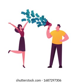 Man Character Cry to Loudspeaker with Money Flow Out, Woman Happily Jumping. Total Sale in Store, Shopping Promotion, Announcement and Loyalty Program Concept. Cartoon People Vector Illustration