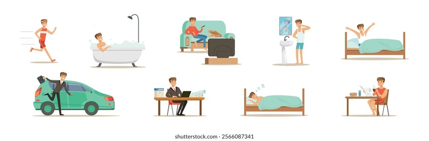 Man Character Daily Routine Different Activity Vector Set