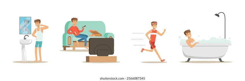 Man Character Daily Routine Different Activity Vector Set