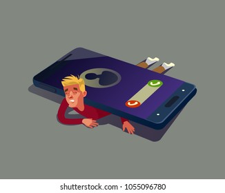 Man character depends on smartphone. Vector flat cartoon illustration