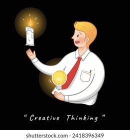 A Man character design with creative idea, hand drawn cartoon illustration, vector for business, idea light bulb, clip art, isolated on black background.