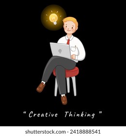 A Man character design with creative idea, hand drawn cartoon illustration, vector for business, idea light bulb, clip art, isolated on black background.