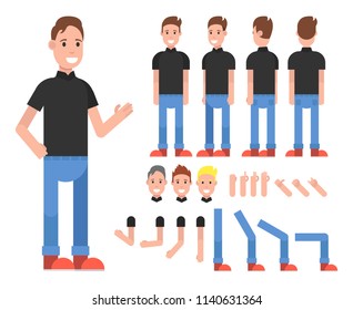 Man character design. Front, side, back view animated characters. Vector illustration.
