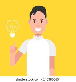 Man character design. Man with a joyful face and a raised index finger. Concept of a great idea. Vector illustration.