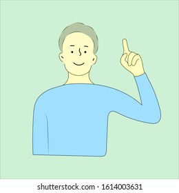 Man character design. Man with a joyful face and a raised index finger. Concept of a great idea. Vector illustration.