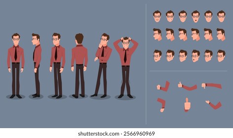 A Man Character Design Model Sheet with different poses and expressions. Vector illustrations