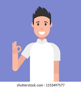 Man character design. Man is showing a gesture Okay. Vector illustration.