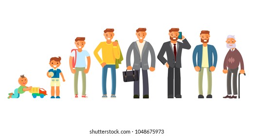 Man character in different ages in cartoon style. The life cycle including baby, child, teenager, adult and elderly person. Generation of people and stages of growing up. Vector illustration eps10