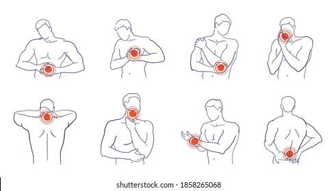 Carácter hombre con diferente juego de puntos de dolor por dolor corporal. Figura humana con dolor de espalda, dolor abdominal, corazón, codo, mano, cuello y garganta área de dolor ilustración vectorial aislada en fondo blanco