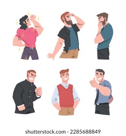 Man Character with Different Face Emotion and Gesture Vector Set