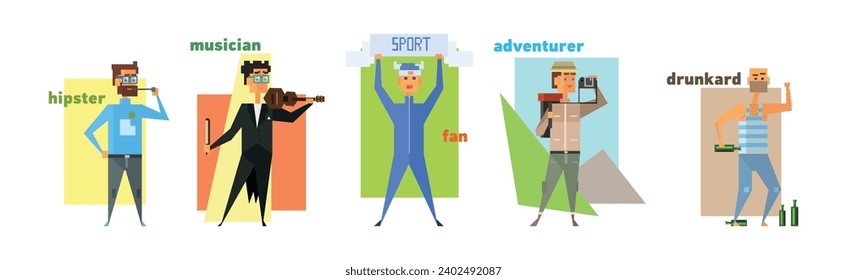 Man Character with Different Lifestyles and Interests Vector Set
