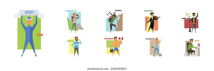 Man Character with Different Lifestyles and Interests Vector Set