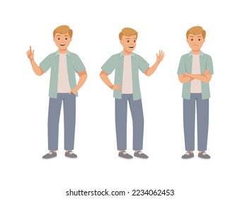 Man Character in Different Pose with Hand Gesture and Emotion Vector Set