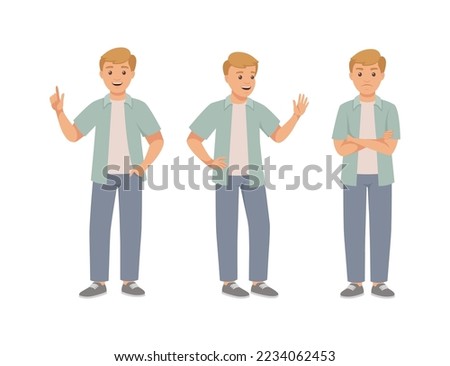 Man Character in Different Pose with Hand Gesture and Emotion Vector Set