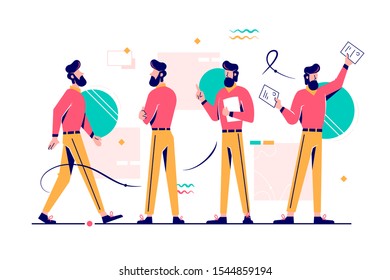 Man character in different poses set vector illustration. Worker in casual clothes going, waiting for someone, standing with docs and showing papers flat style design