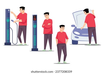 Carácter humano en diferentes situaciones. hombres en diferentes poses con cargador de coche EV. Ilustración vectorial.