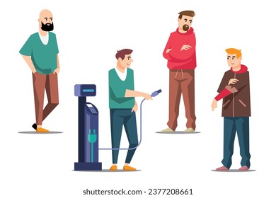 Man character in different situations. men in various poses with EV car charger. Vector illustration.