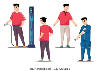 Carácter humano en diferentes situaciones. hombres en diferentes poses con cargador de coche EV. Ilustración vectorial.