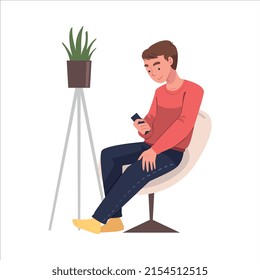Man Character with Digital Device Sitting in Armchair Suffering from Internet Addiction Vector Illustration