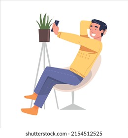 Man Character with Digital Device Sitting in Armchair Suffering from Internet Addiction Vector Illustration
