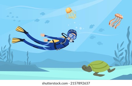 Man Character in Diving Suit and Goggles Swimming Underwater Vector Illustration