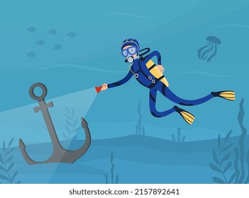 Man Character in Diving Suit and Goggles Swimming Underwater Finding Anchor Vector Illustration