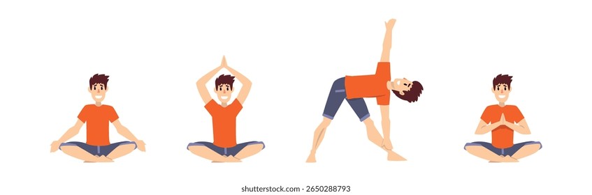 Man Character Do Yoga Stretch Body Vector Set