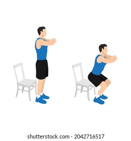 Man Character Doing Chair Squat Exercise. Flat Vector Illustration Isolated On Different Layers