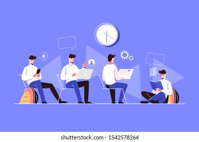 Man character doing different activities vector illustration. Guy sitting with smartphone, making videocall via internet app on pc, working at computer and reading book