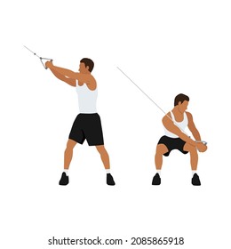 Man character doing Downward cable wood chops exercise. flat vector illustration isolated on different layers