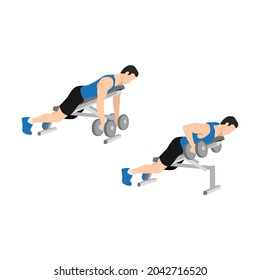 Man character doing Dumbbell incline bench rows exercise. flat vector illustration isolated on different layers