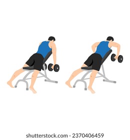 Man character doing Dumbbell incline bench row exercise. Flat vector illustration isolated on white background