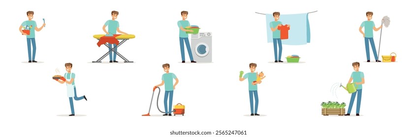 Man Character Doing Household and Domestic Chores Vector Set