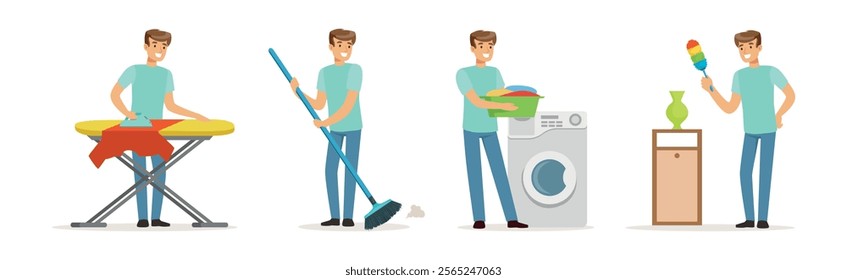 Man Character Doing Household and Domestic Chores Vector Set