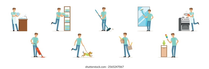 Man Character Doing Household and Domestic Chores Vector Set