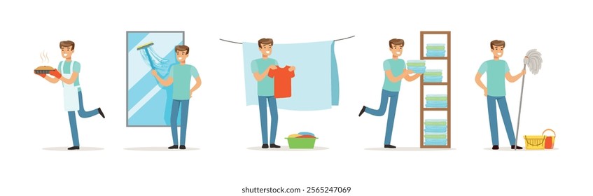 Man Character Doing Household and Domestic Chores Vector Set