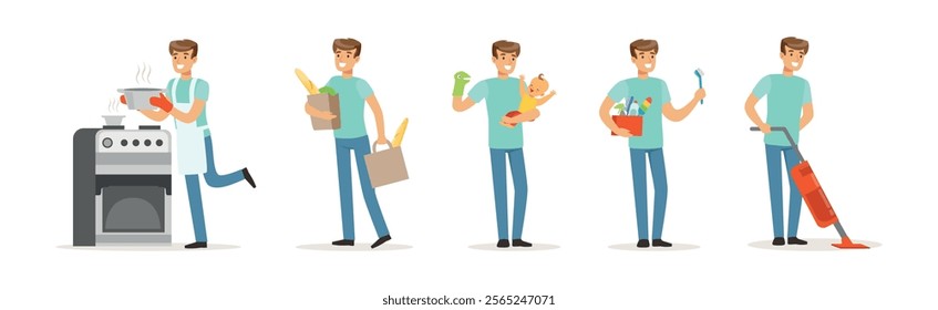 Man Character Doing Household and Domestic Chores Vector Set