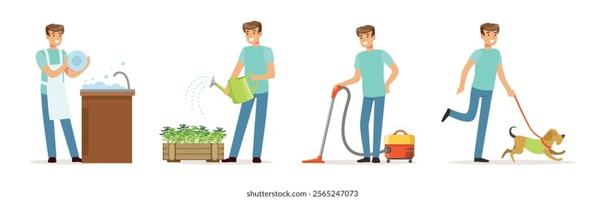 Man Character Doing Household and Domestic Chores Vector Set