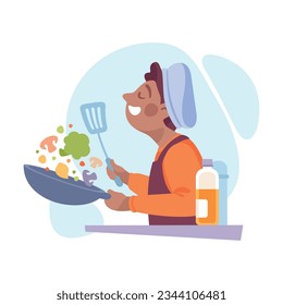 Man Character Doing Housework Cooking with Frying Pan Vector Illustration
