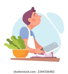 Man Character Doing Housework Cooking Salad Cut Onion with Knife Vector Illustration