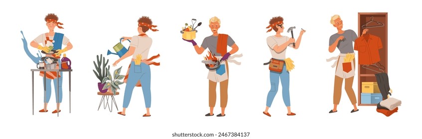 Man Character Doing Housework and Domestic Chores Vector Set