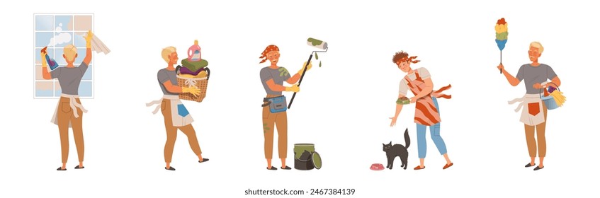 Man Character Doing Housework and Domestic Chores Vector Set