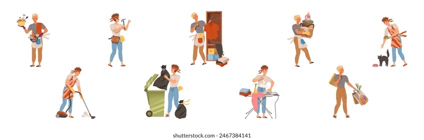 Man Character Doing Housework and Domestic Chores Vector Set
